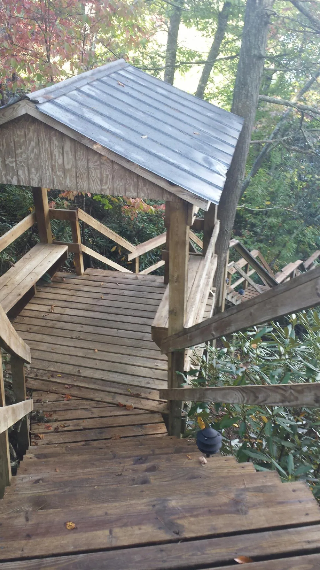 Metal roofed shelter over wooden steps on a wooded walkway — Skylight Repair & Installation work by our crew in Carteret